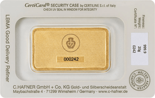 20 g Goldbarren C. Hafner geprägt Rückseite
