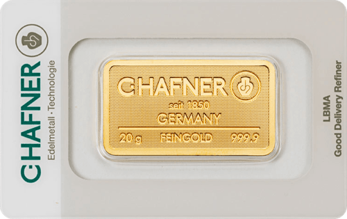Vorderseite Goldbarren 20 Gramm in spezieller Blisterkarte mit Zertifikat, der Hersteller C. Hafner