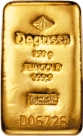 Vorderseite Goldbarren 250 Gramm, der Hersteller Degussa