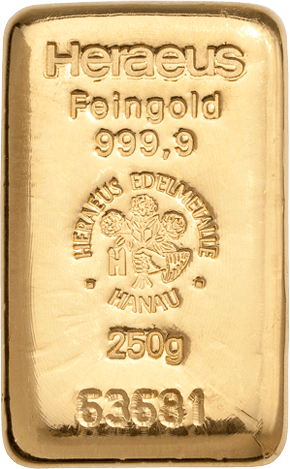 250 g Goldbarren Heraeus (lagernd Frankfurt)
