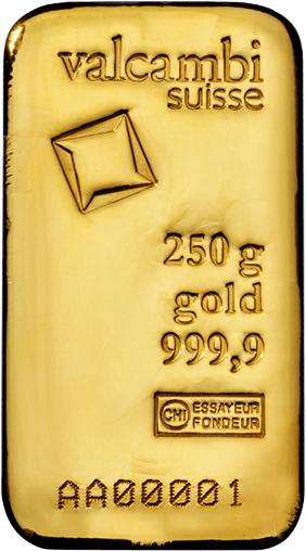 Vorderseite Goldbarren 250 Gramm, der Hersteller Valcambi