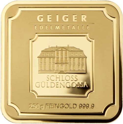 Vorderseite Goldbarren 250 Gramm, der Hersteller Geiger Edelmetalle AG