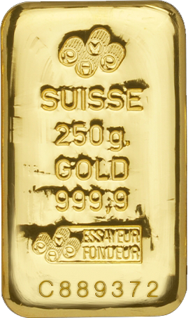Vorderseite Goldbarren Suisse 250 Gramm, der Hersteller PAMP