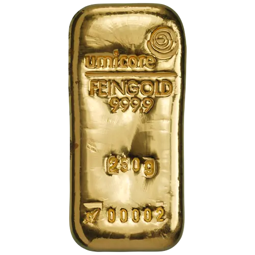 Vorderseite 250 Gramm Goldbarren Feingold 999,9 von umicore