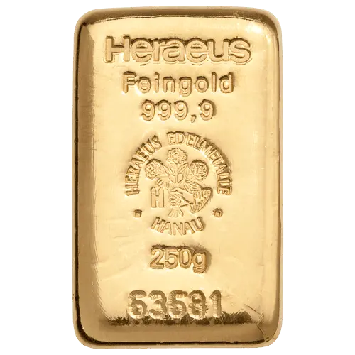 Vorderseite 250 Gramm Goldbarren Feingold 999,9 von Heraeus