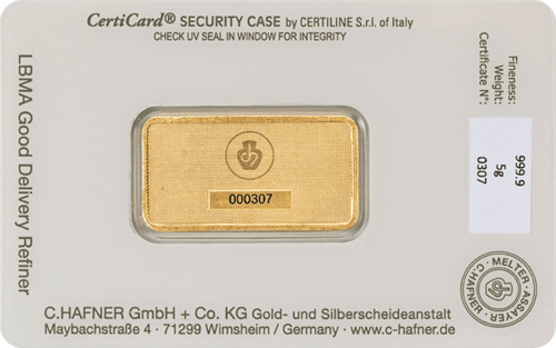 5 g Goldbarren C. Hafner geprägt Rückseite