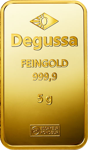 Vorderseite Goldbarren 5 Gramm, der Hersteller Degussa