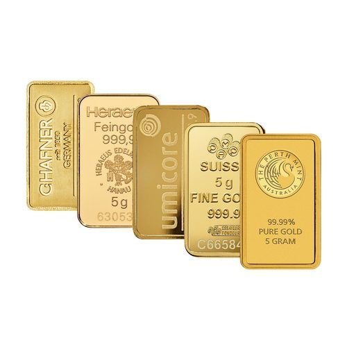5 Gramm unterschiedlicher Goldbarren, diverse Hersteller