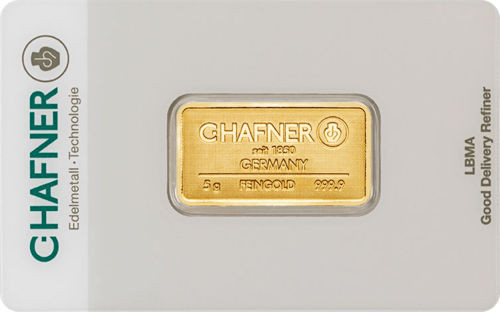 Vorderseite Goldbarren 5 Gramm in spezieller Blisterkarte mit Zertifikat, der Hersteller C. Hafner