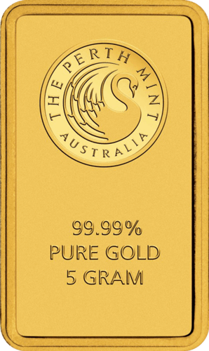Vorderseite Goldbarren 5 Gramm, der Hersteller Perth Mint