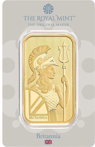 Vorderseite Goldbarren Britannia 50 g in spezieller Blisterkarte mit Zertifikat, der Hersteller Royal Mint