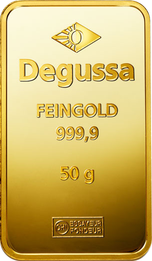 Vorderseite Goldbarren 50 Gramm, der Hersteller Degussa