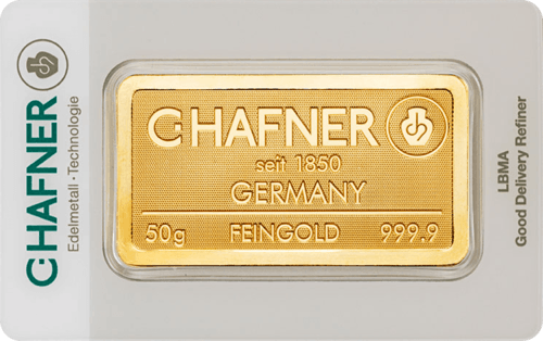 Vorderseite Goldbarren 50 Gramm in spezieller Blisterkarte mit Zertifikat, der Hersteller C. Hafner
