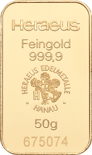 50 g Goldbarren Heraeus (lagernd Frankfurt)