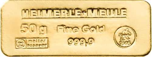 Vorderseite Goldbarren 50 Gramm, der Hersteller Heimerle & Meule