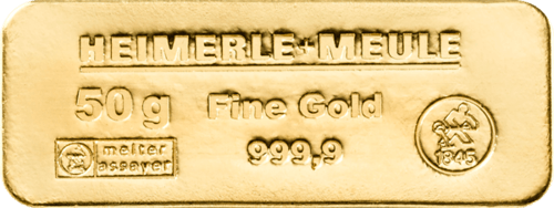 Vorderseite Goldbarren 50 Gramm, der Hersteller Heimerle & Meule