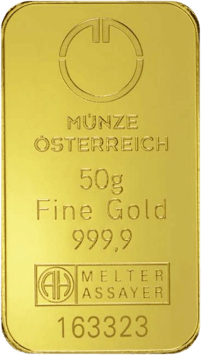 Vorderseite Goldbarren 50 Gramm, der Hersteller Münze Österreich