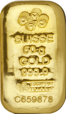 Vorderseite Goldbarren Suisse 50 Gramm, der Hersteller PAMP