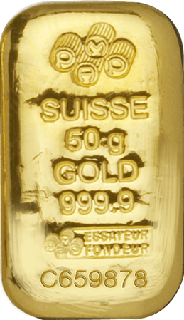 Vorderseite Goldbarren Suisse 50 Gramm, der Hersteller PAMP