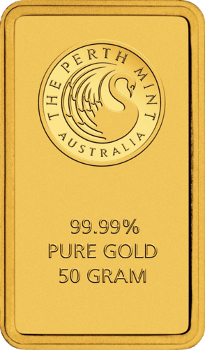 Vorderseite Goldbarren 50 Gramm, der Hersteller Perth Mint