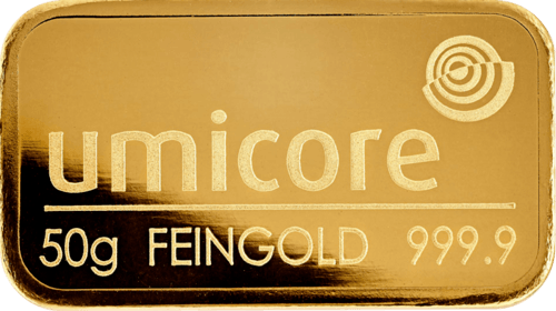 Vorderseite Goldbarren 50 Gramm, der Hersteller Umicore