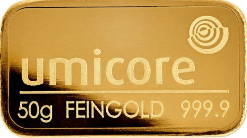 Vorderseite Goldbarren 50 Gramm, der Hersteller Umicore