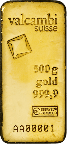 Vorderseite Goldbarren 500 Gramm, der Hersteller Valcambi