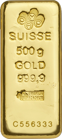 Vorderseite Goldbarren Suisse 500 Gramm, der Hersteller PAMP