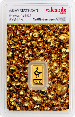 Vorderseite Goldbarren 1 Gramm einzeln im Blister verschweißt, inkl. Echtheitszertifikat, der Hersteller Valcambi / ESG