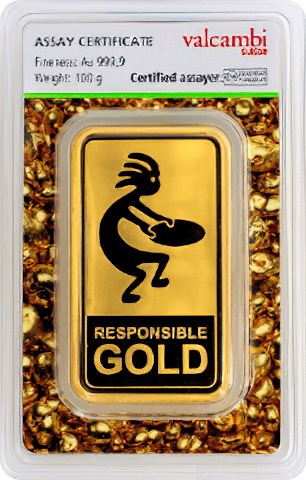 Vorderseite Goldbarren Auropelli 100 Gramm, der Hersteller Valcambi / ESG