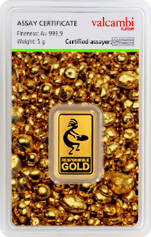 Vorderseite Goldbarren 5 Gramm einzeln im Blister verschweißt, inkl. Echtheitszertifikat, der Hersteller Valcambi / ESG