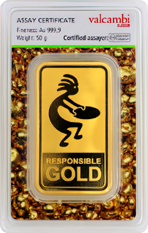 Vorderseite Goldbarren Auropelli 50 Gramm einzeln im Blister verschweißt, inkl. Echtheitszertifikat, der Hersteller Valcambi / ESG