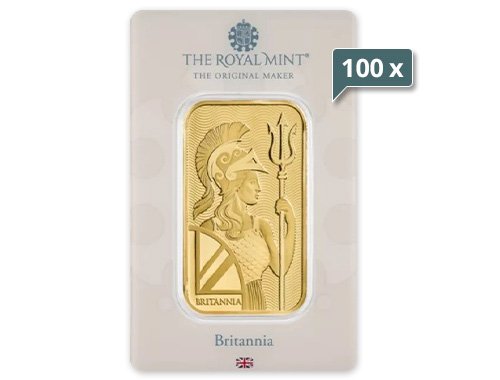100 x 1 Unze Goldbarren Britannia Royal Mint