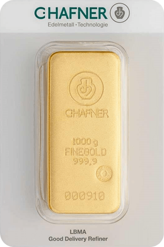 Vorderseite Goldbarren 1 Kilogramm in spezieller Blisterkarte mit Zertifikat, der Hersteller C. Hafner