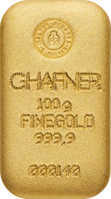 Vorderseite Goldbarren 100 Gramm, der Hersteller C. Hafner