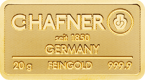 Vorderseite Goldbarren 20 Gramm, der Hersteller C. Hafner