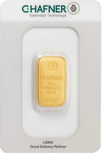 Vorderseite Goldbarren 250 Gramm in spezieller Blisterkarte mit Zertifikat, der Hersteller C. Hafner