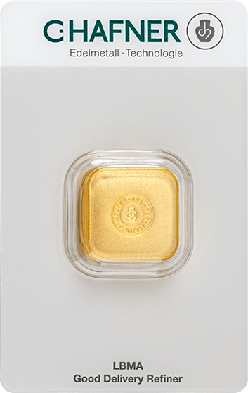 Vorderseite Goldbarren 50 Gramm in spezieller Blisterkarte mit Zertifikat, der Hersteller C. Hafner