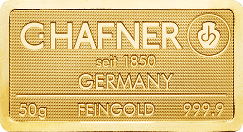 Vorderseite Goldbarren 50 Gramm, der Hersteller C. Hafner