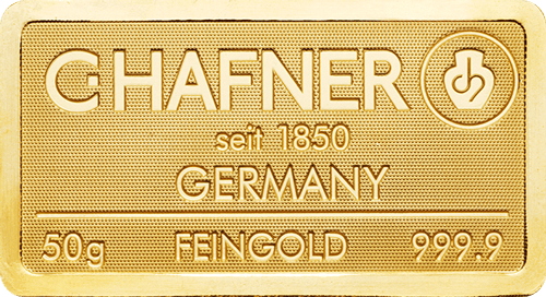 Vorderseite 50g Goldbarren von C.HAFNER