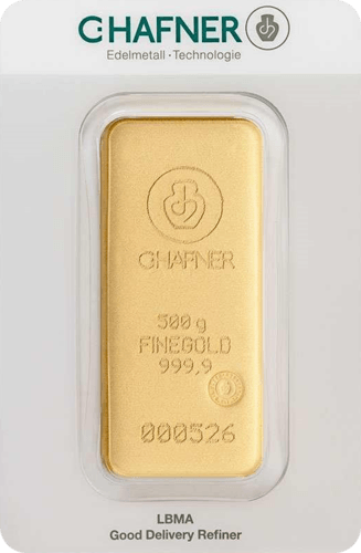 Vorderseite Goldbarren 500 Gramm in spezieller Blisterkarte mit Zertifikat, der Hersteller C. Hafner