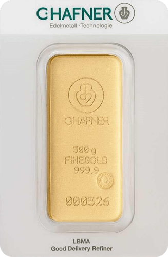 Vorderseite Goldbarren 500 Gramm in spezieller Blisterkarte mit Zertifikat, der Hersteller C. Hafner