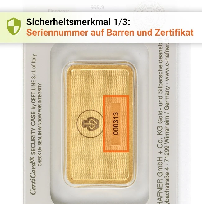Goldbarren C. Hafner Sicherheitsmerkmale 1/3