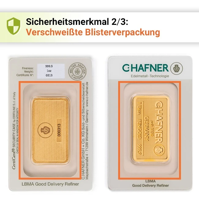 Goldbarren C. Hafner Sicherheitsmerkmale 2/3