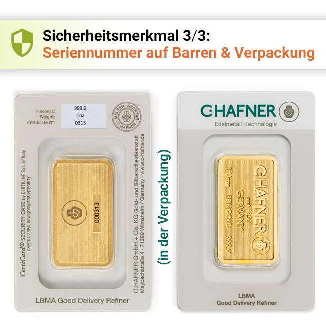 Goldbarren C. Hafner Sicherheitsmerkmale 3/3
