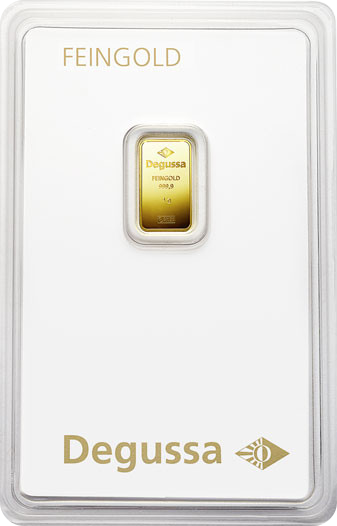 Vorderseite Goldbarren 1 Gramm in spezieller Blisterkarte mit Zertifikat, der Hersteller Degussa