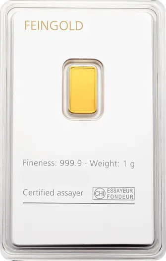 Rückseite Goldbarren 1 Gramm in spezieller Blisterkarte mit Zertifikat, der Hersteller Degussa