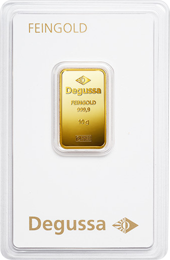 Vorderseite Goldbarren 10 Gramm in spezieller Blisterkarte mit Zertifikat, der Hersteller Degussa