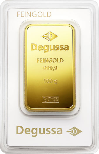 Vorderseite Goldbarren 100 Gramm in spezieller Blisterkarte mit Zertifikat, der Hersteller Degussa