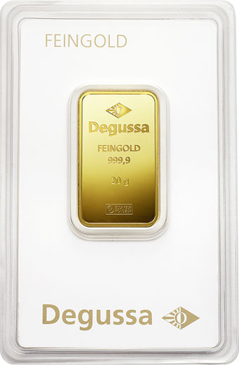 Vorderseite Goldbarren 20 Gramm in spezieller Blisterkarte mit Zertifikat, der Hersteller Degussa